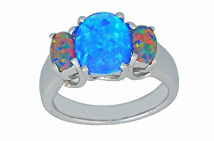 10x8mm Blue Opal & Black Opal Oval Ring .925 Sterling Silver Rhodium Finish