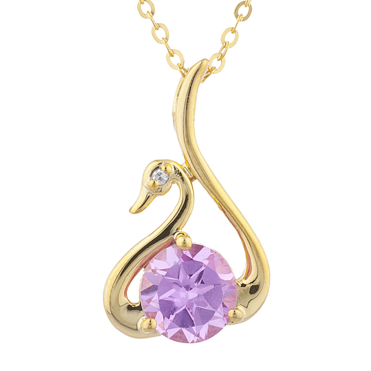 14Kt Yellow Gold Plated Pink Sapphire & Diamond Swan Pendant