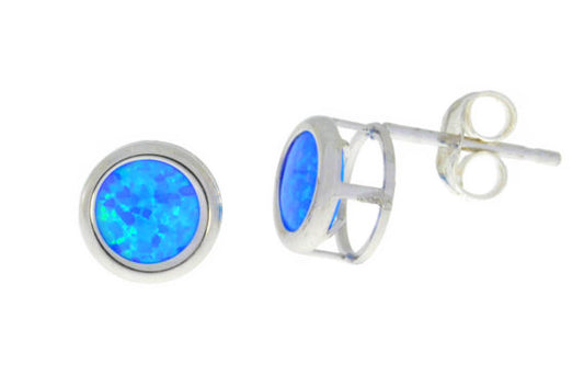 14Kt White Gold Blue Opal Bezel Round Stud Earrings
