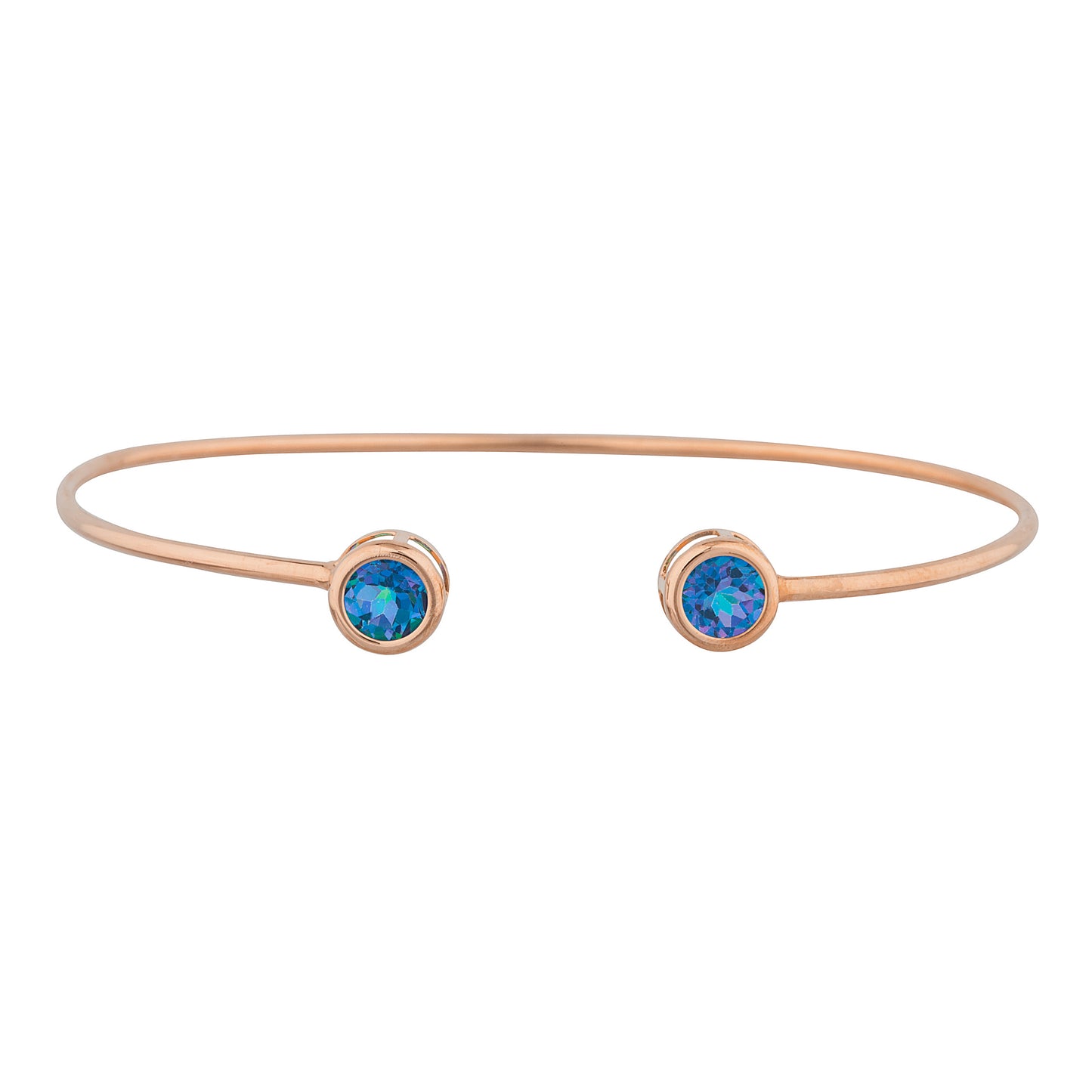 14Kt Rose Gold Plated Natural Blue Mystic Topaz Round Bezel Bangle Bracelet