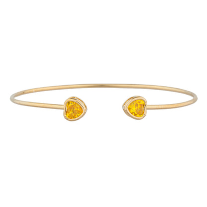 14Kt Yellow Gold Plated Yellow Citrine Heart Bezel Bangle Bracelet