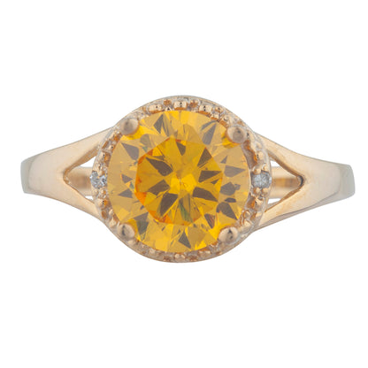 14Kt Gold 2 Ct Yellow Citrine & Diamond Halo Design Round Ring