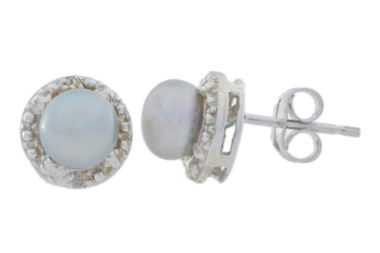 Natural Gray Freshwater Pearl & Diamond Round Stud Earrings 14Kt White Gold