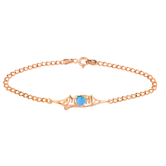 Blue Opal & Diamond Heart Mom Bracelet 14Kt Rose Gold Plated Over .925 Sterling Silver