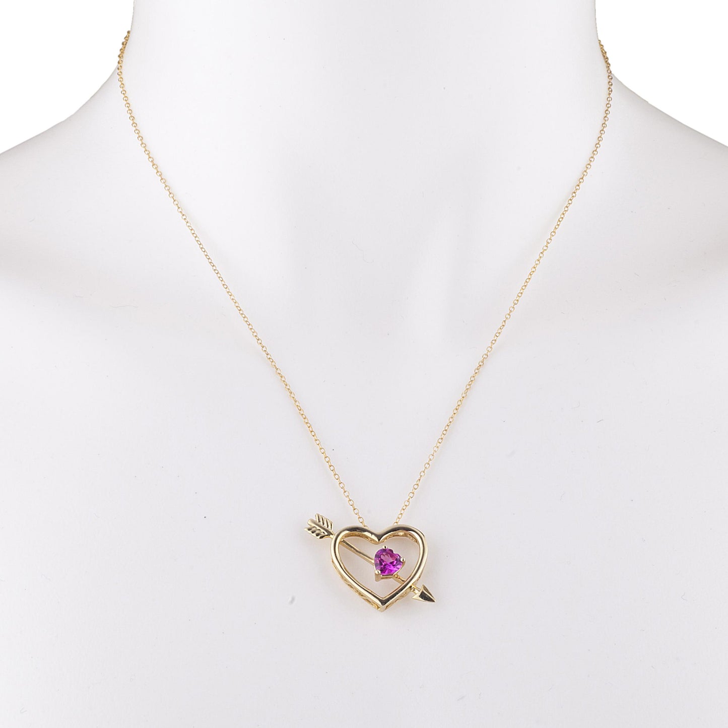 14Kt Gold Pink Sapphire Heart Bow & Arrow Pendant Necklace