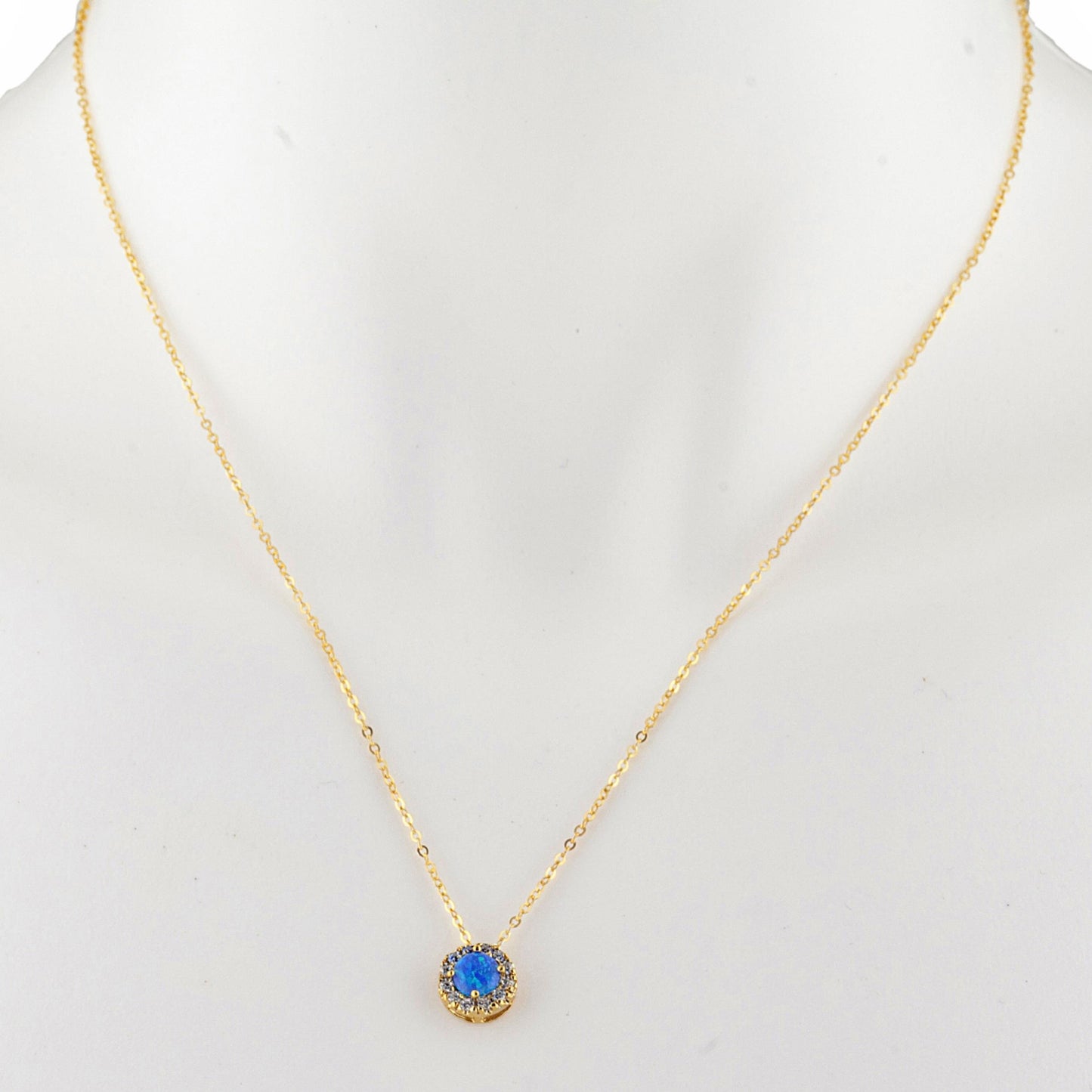 14Kt Gold Blue Opal Halo Design Pendant Necklace