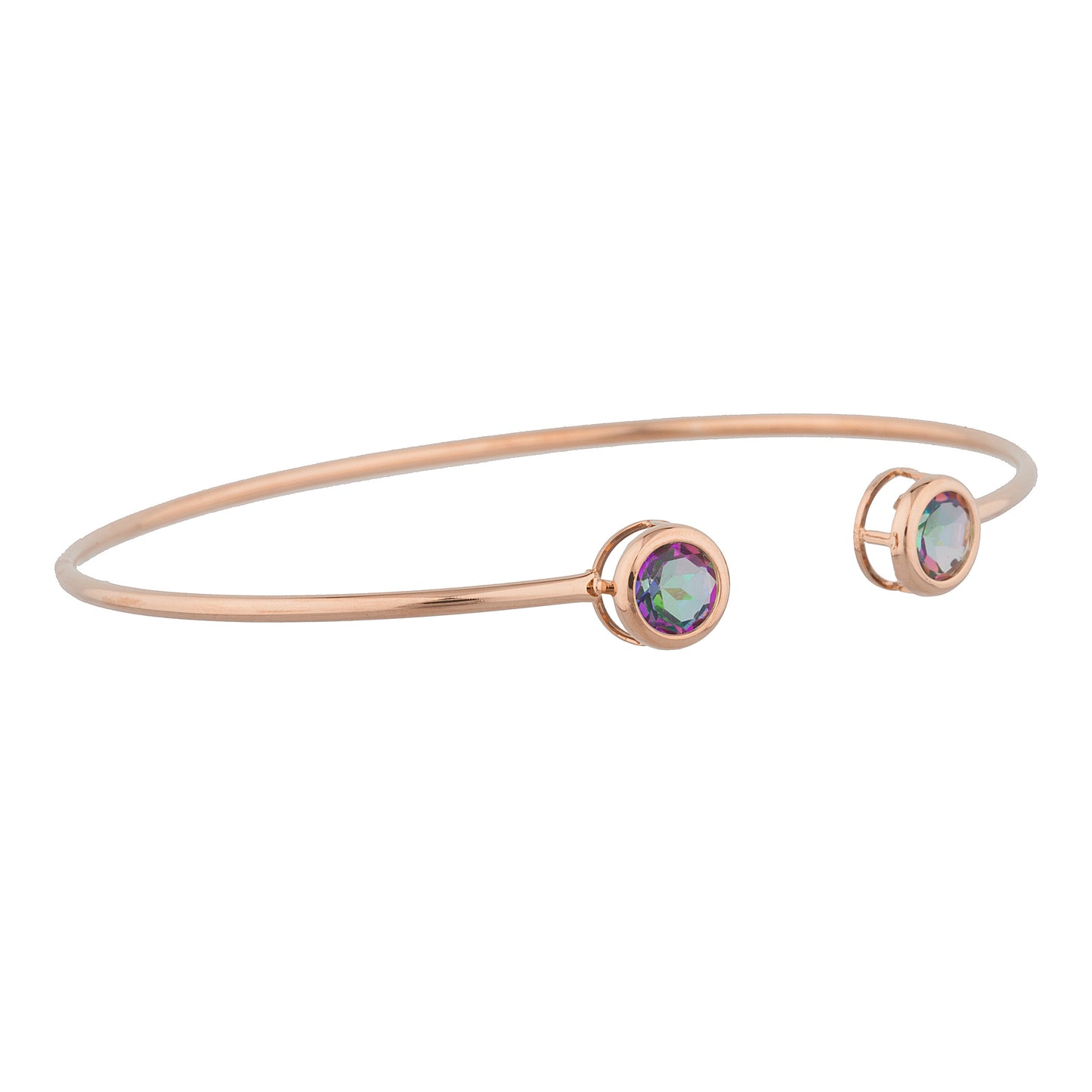 14Kt Rose Gold Plated Natural Mystic Topaz Round Bezel Bangle Bracelet