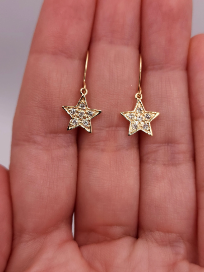 14Kt Gold Genuine Natural Diamond Star Dangle Earrings