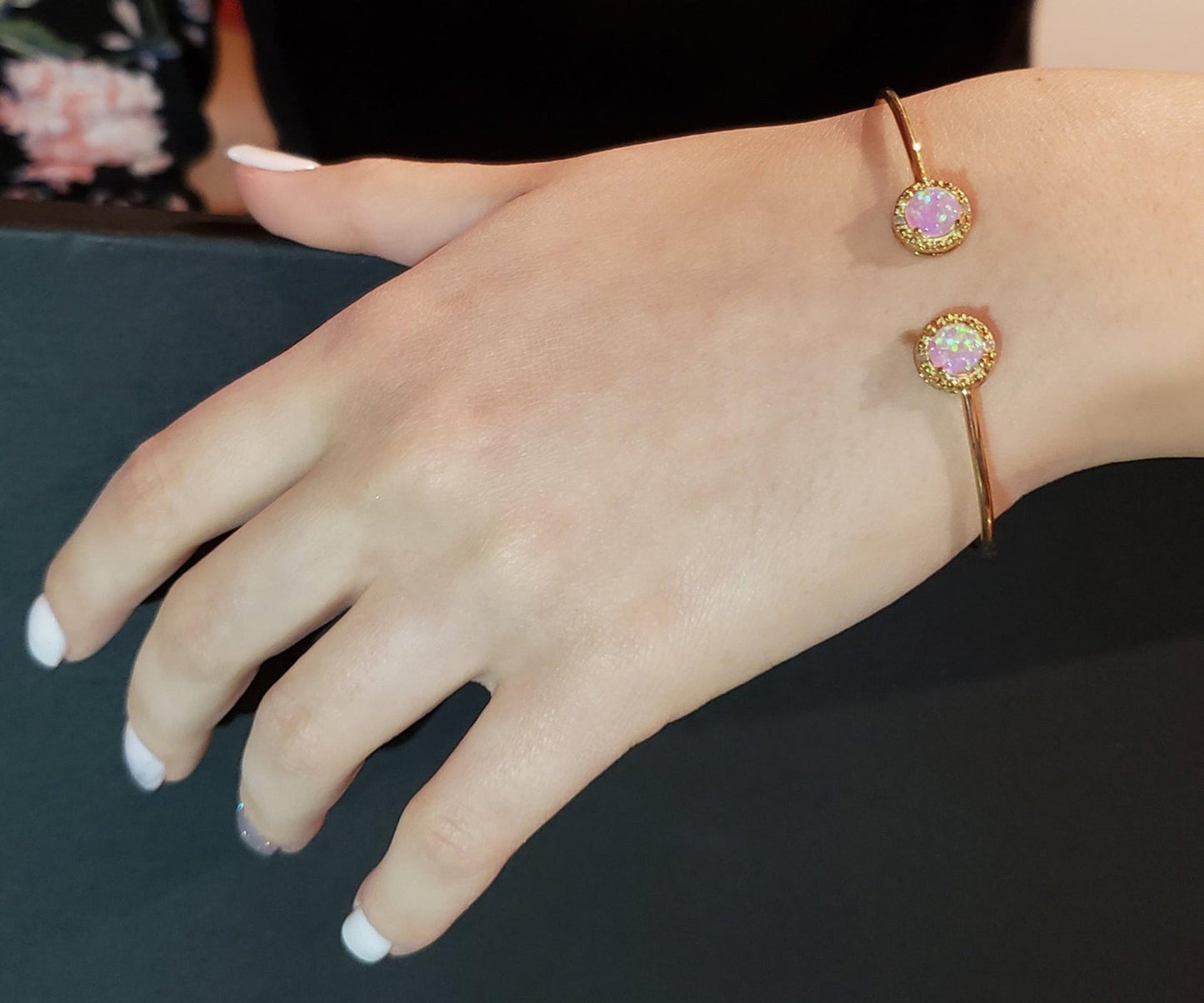 14Kt Gold Pink Opal & Diamond Round Bangle Bracelet