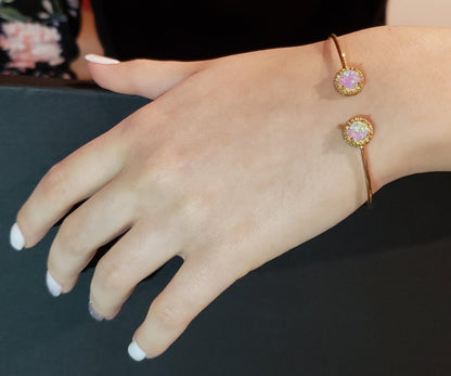 14Kt Gold Pink Opal & Diamond Round Bangle Bracelet