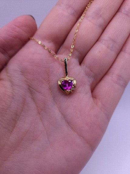 14Kt Gold Pink Sapphire & Diamond Heart Design Pendant Necklace