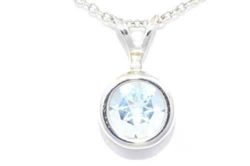 1 Carat Genuine Aquamarine Round Bezel Pendant .925 Sterling Silver Rhodium Finish