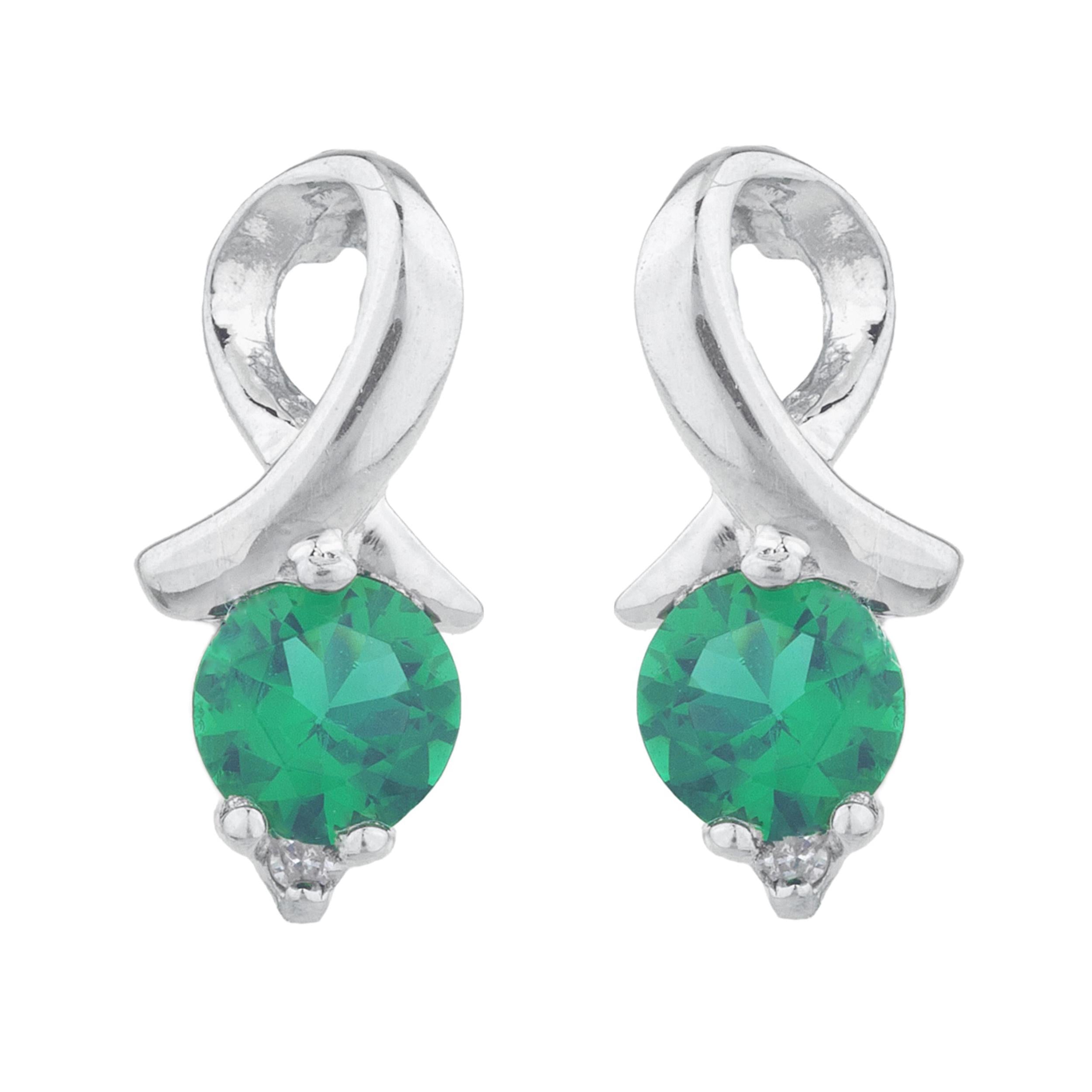 14Kt Gold Emerald & Diamond Round Design Stud Earrings