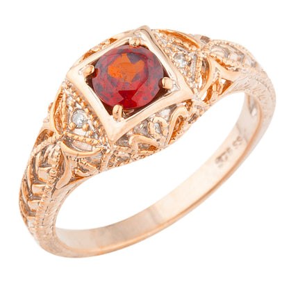 14Kt Gold Garnet & Diamond Design Round Ring