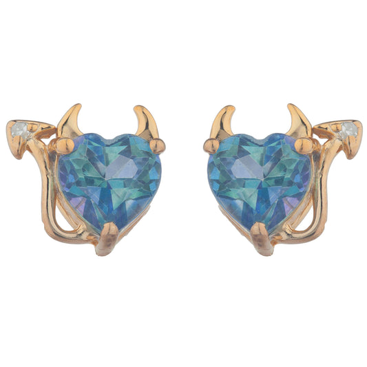 Natural Blue Mystic Topaz & Diamond Devil Heart Stud Earrings 14Kt Rose Gold Plated