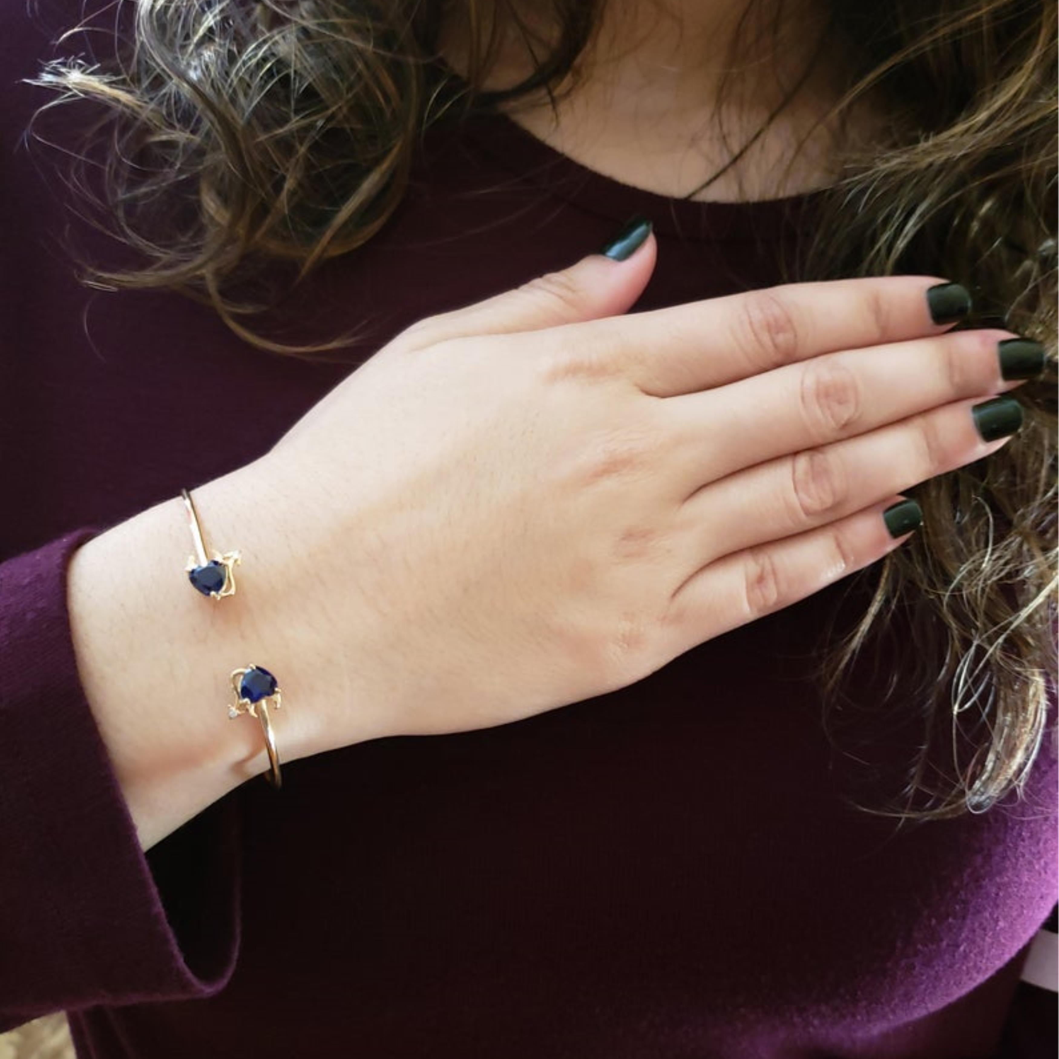 14Kt Gold Blue Sapphire & Diamond Devil Heart Bangle Bracelet
