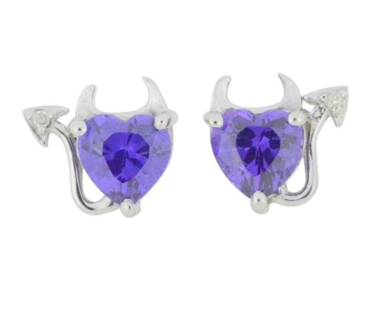 Amethyst & Diamond Devil Heart Stud Earrings .925 Sterling Silver