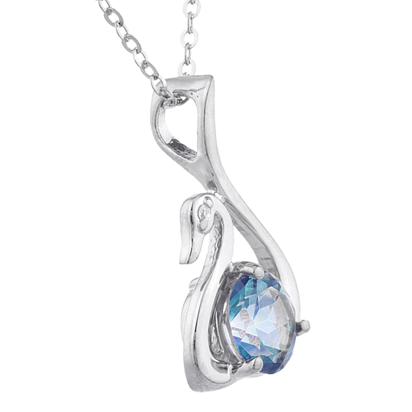 Natural Blue Mystic Topaz & Diamond Swan Pendant .925 Sterling Silver