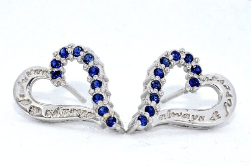 Always & Forever Engraving Blue Sapphire Heart Stud Earrings .925 Sterling Silver