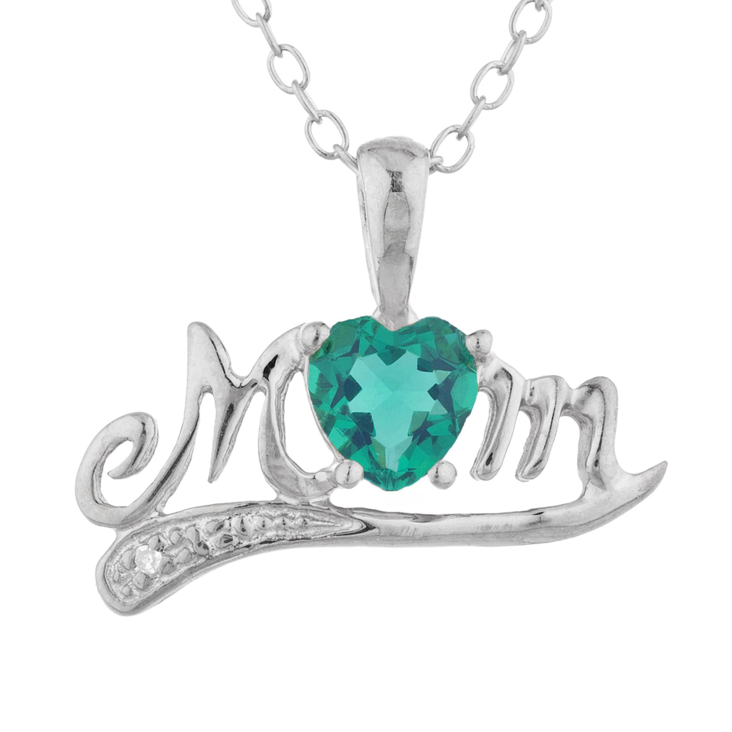 14Kt Gold Emerald & Diamond Heart Mom Pendant Necklace