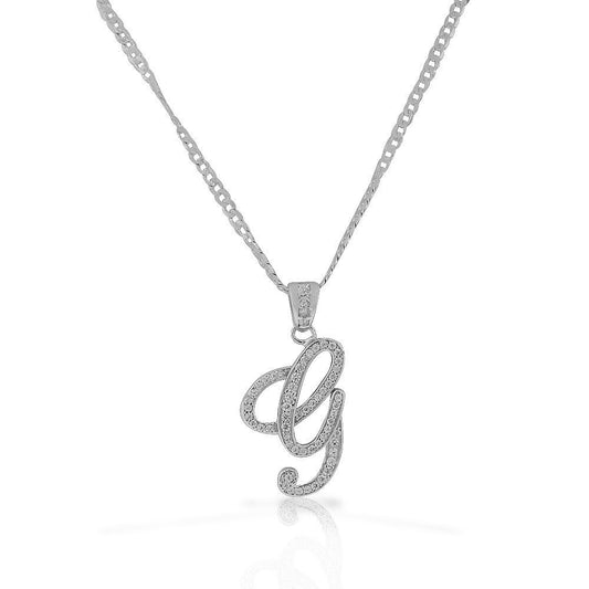 Letter G Cursive Initial CZ Pendant .925 Sterling Silver