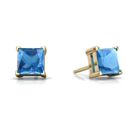 2 Ct Blue Topaz Princess Cut Stud Earrings 14Kt Yellow Gold