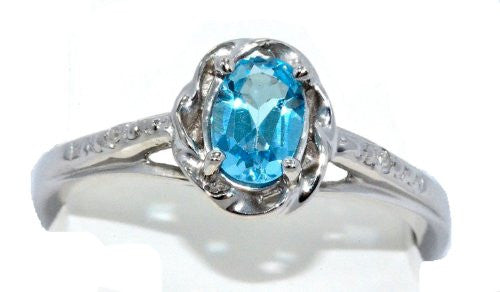 0.50 Ct Blue Topaz & Diamond Oval Ring .925 Sterling Silver Rhodium Finish