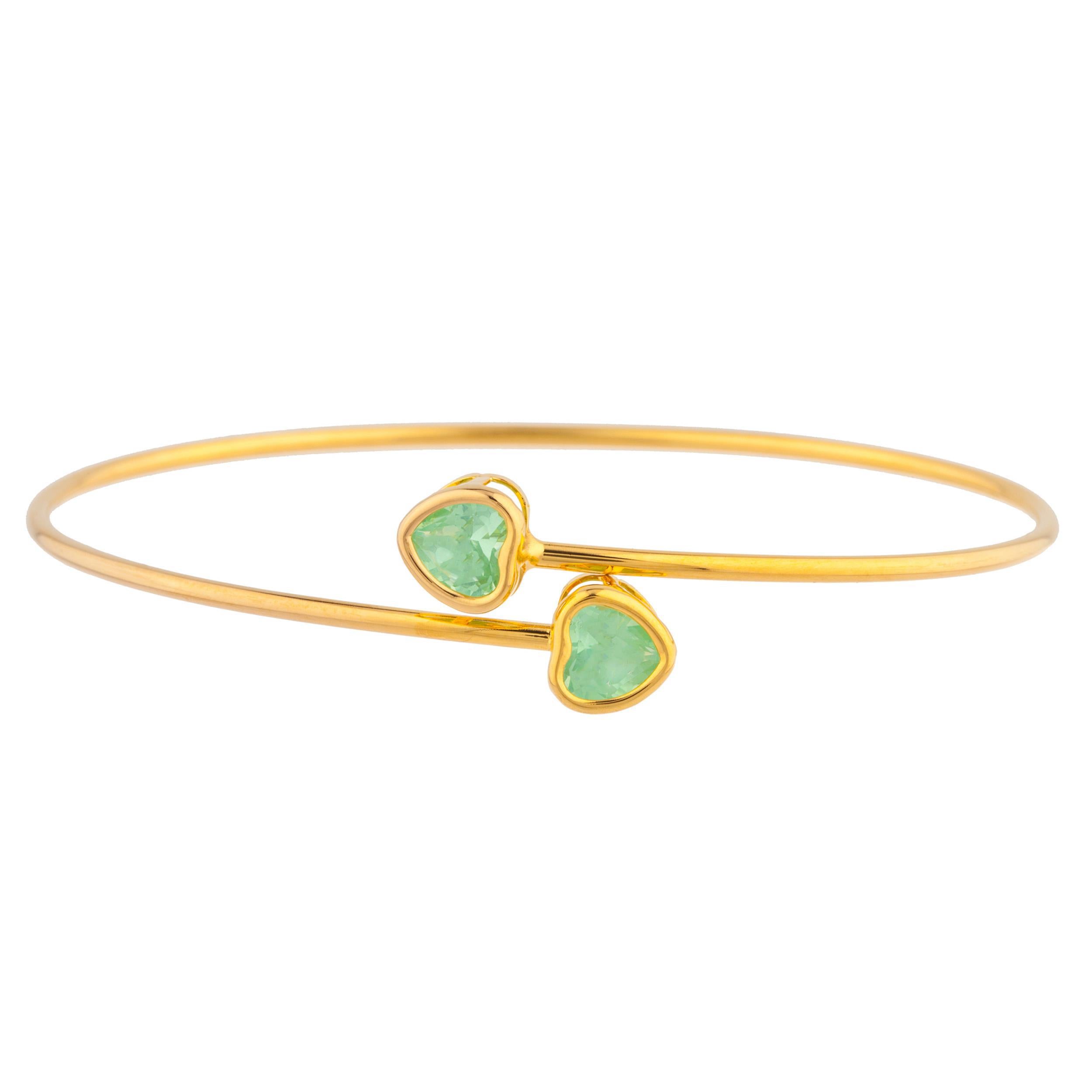 14Kt Yellow Gold Plated Green Sapphire Heart Bezel Bangle Bracelet