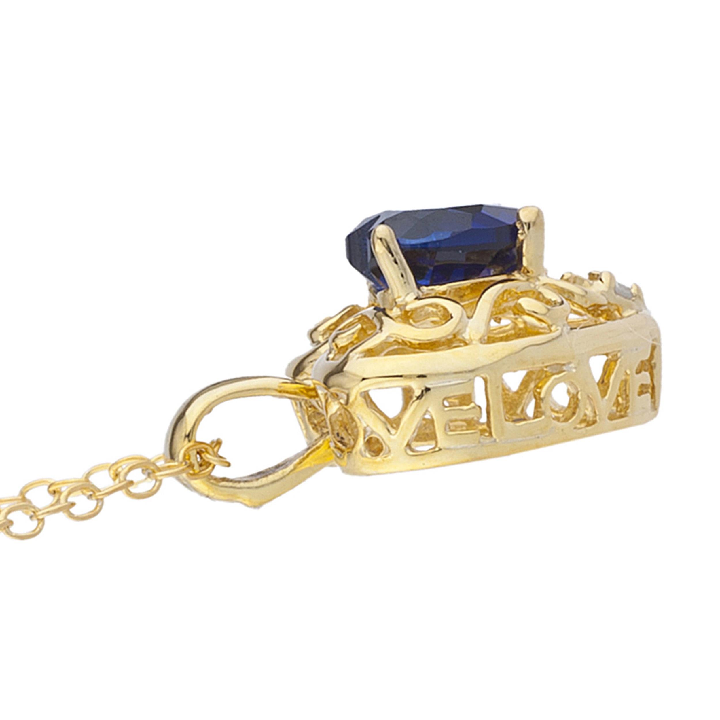 14Kt Gold Blue Sapphire & Diamond Heart LOVE ENGRAVED Pendant Necklace