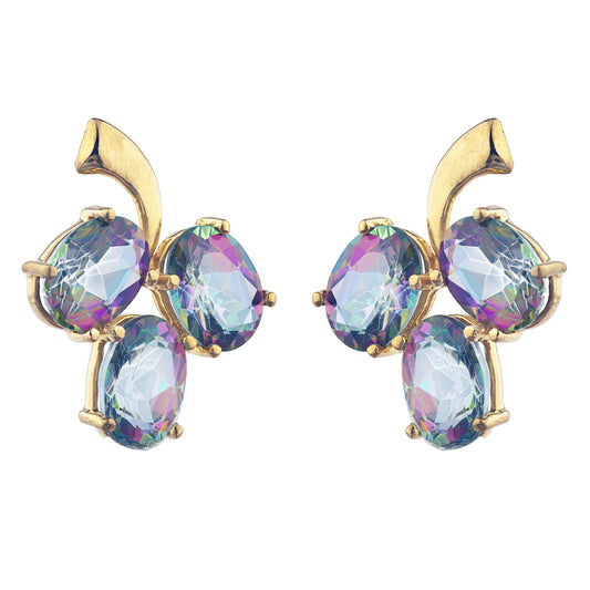 14Kt Yellow Gold Plated Natural Mystic Topaz Oval Design Stud Earrings