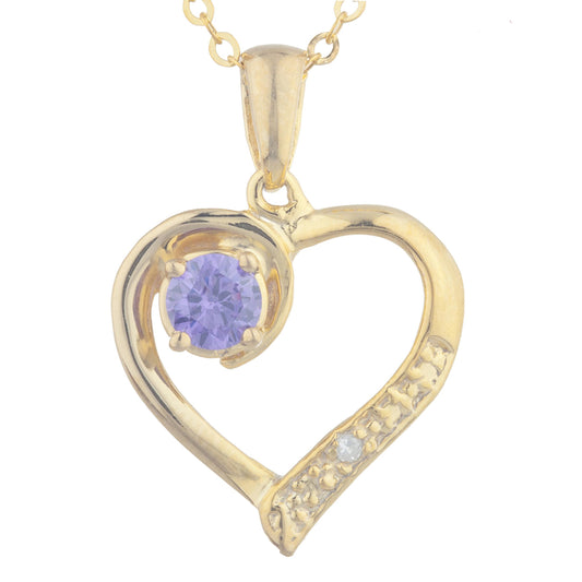 14Kt Yellow Gold Plated Amethyst & Diamond Heart Pendant