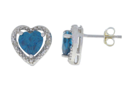 London Blue Topaz & Diamond Heart Stud Earrings .925 Sterling Silver