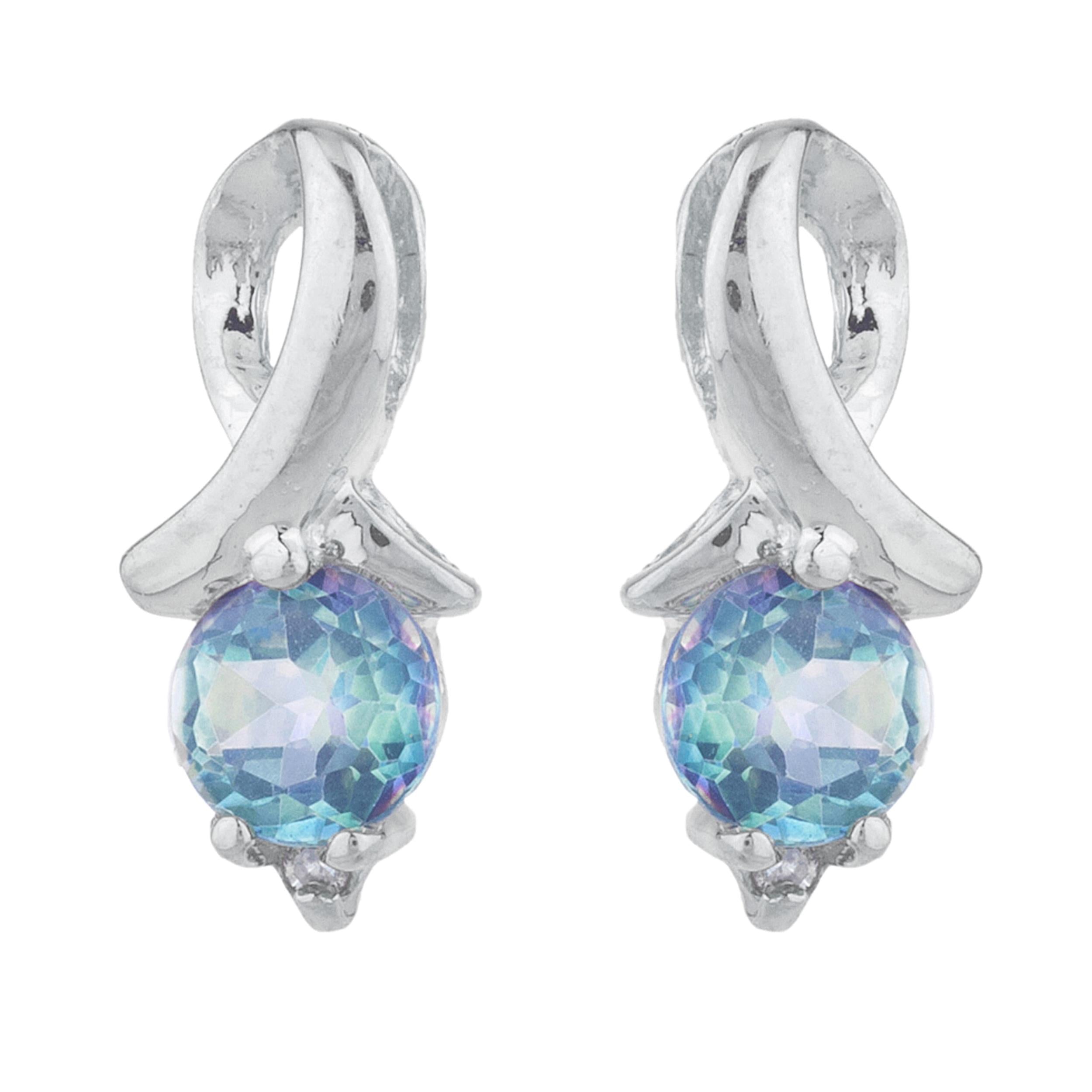 14Kt Gold Natural Blue Mystic Topaz & Diamond Round Design Stud Earrings