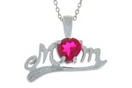 0.50 Carat Ruby Heart MOM Diamond Pendant .925 Sterling Silver Rhodium Finish