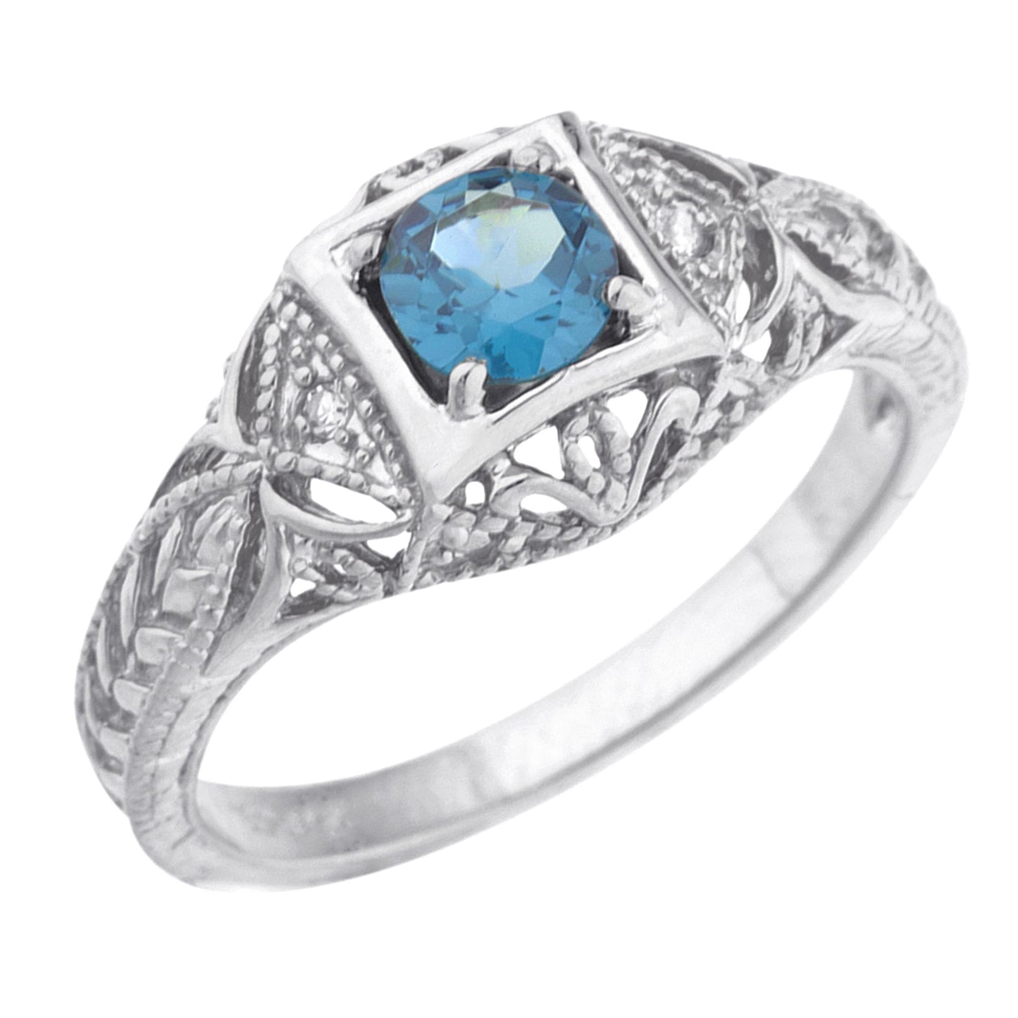 14Kt Gold London Blue Topaz & Diamond Design Round Ring