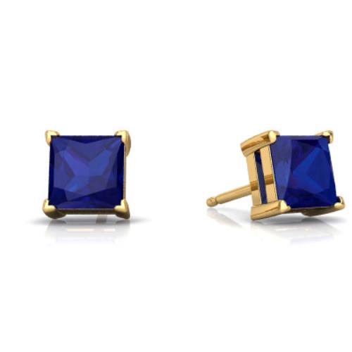 14Kt Yellow Gold Created Blue Sapphire Princess Cut Stud Earrings
