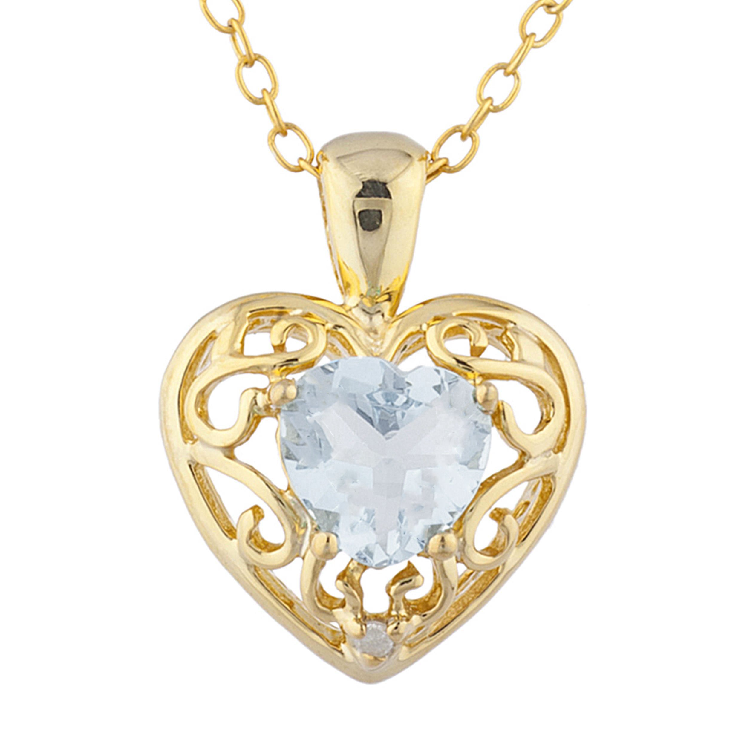 14Kt Gold Genuine Aquamarine & Diamond Heart LOVE ENGRAVED Pendant Necklace