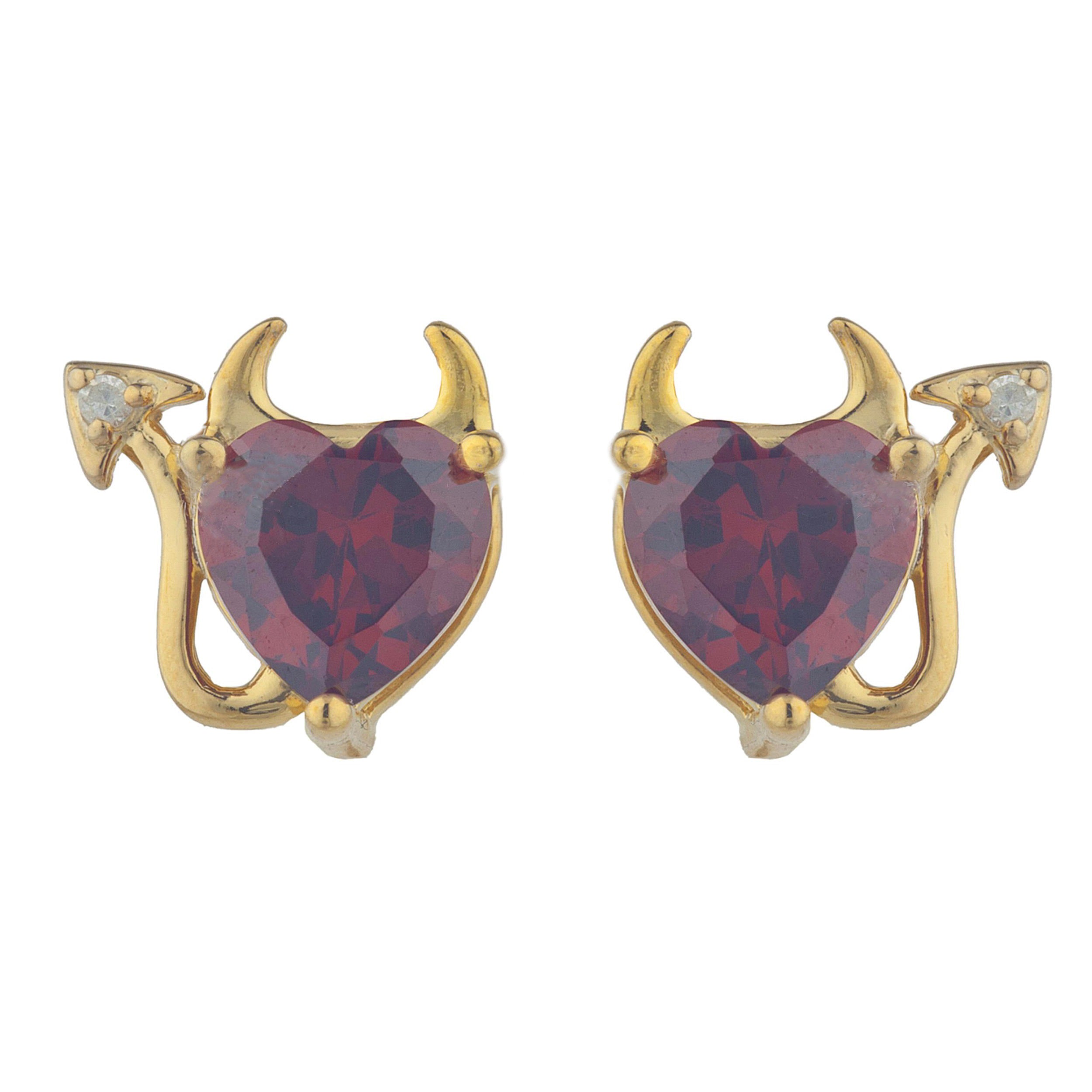 14Kt Gold Garnet & Diamond Devil Heart Stud Earrings