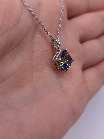 14Kt Gold Natural Mystic Topaz Princess Cut Pendant Necklace