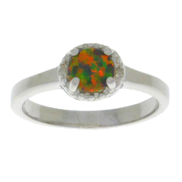 Black Opal & Diamond Round Ring .925 Sterling Silver Rhodium Finish