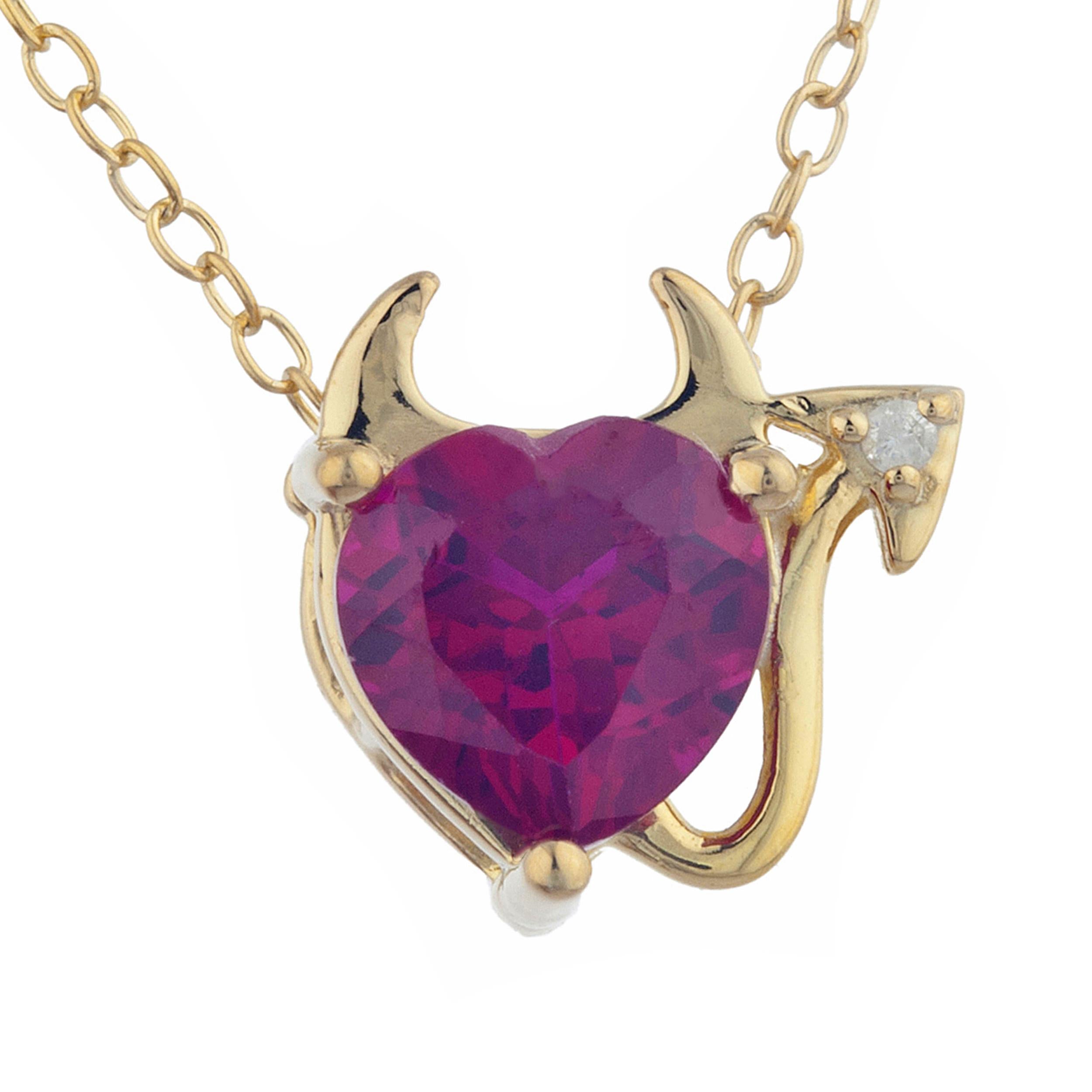 14Kt Gold 1.5 Ct Created Ruby & Diamond Devil Heart Pendant Necklace