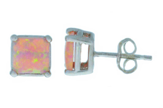 14Kt White Gold Pink Opal Princess Cut Stud Earrings