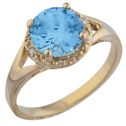 2 Ct Blue Topaz & Diamond Halo Design Round Ring 14Kt Yellow Gold Rose Gold Silver