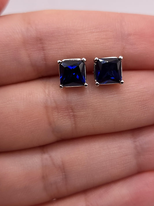 14Kt White Gold Created Blue Sapphire Princess Cut Stud Earrings