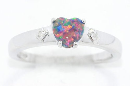 6mm Black Opal & Diamond Heart Ring .925 Sterling Silver Rhodium Finish