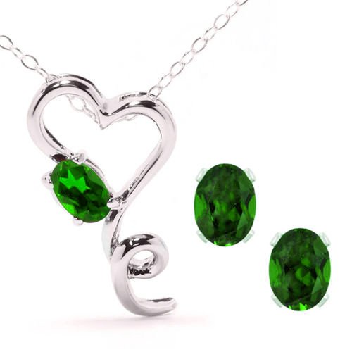 2.5 Ct Emerald Oval Heart Stud Earrings & Pendant .925 Sterling Silver Rhodiu...