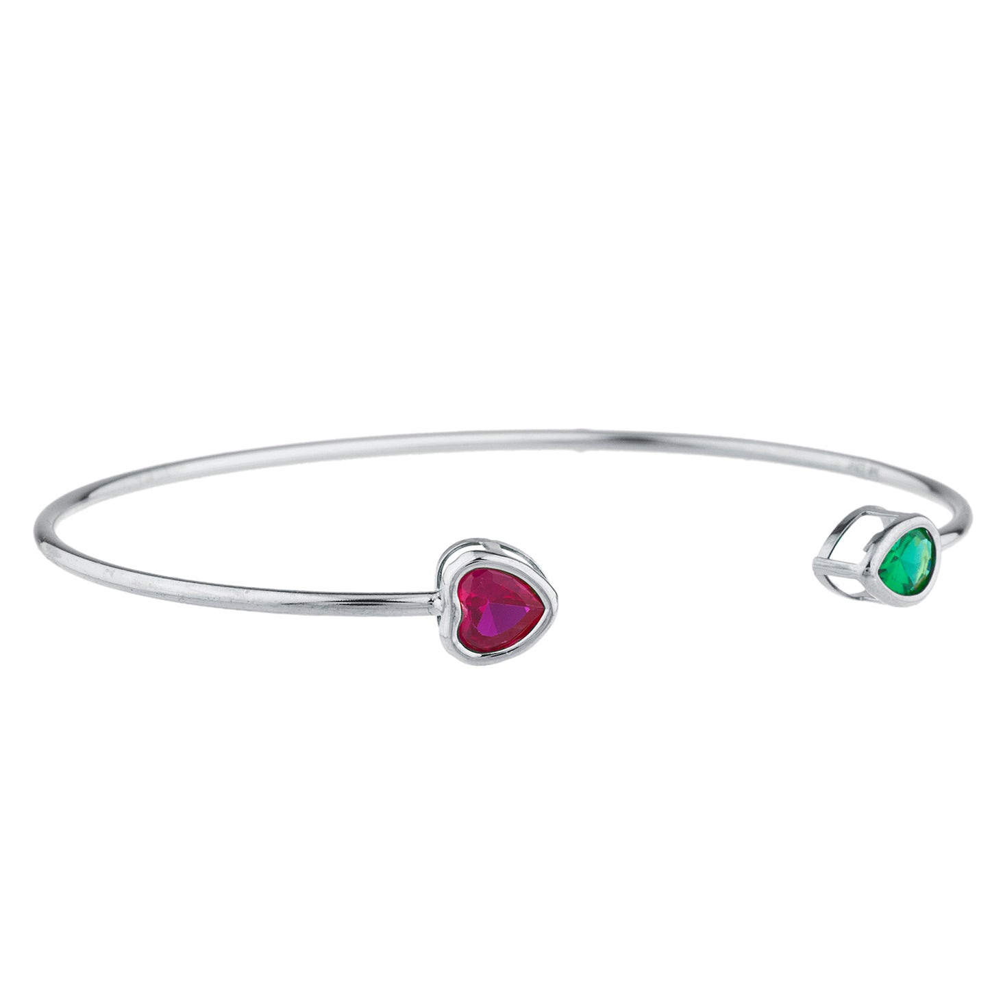 14Kt Gold Created Ruby Heart & Emerald Pear Bezel Bangle Bracelet