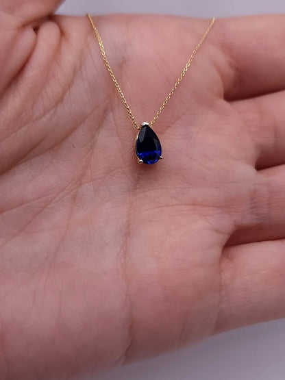 14Kt Gold Blue Sapphire Teardrop Necklace Pendant