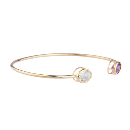 14Kt Gold Aquamarine & Alexandrite Oval Bezel Bangle Bracelet