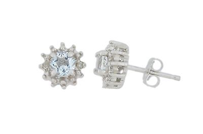 0.50 Ct Genuine Aquamarine & Diamond Stud Earrings .925 Sterling Silver